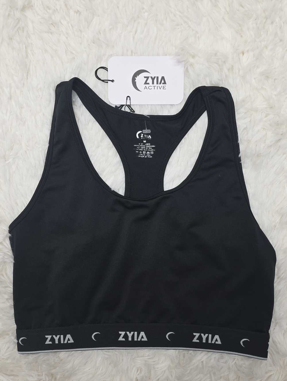 ZYIA Black Racerback Sports Bra with Branded Elastic Band. Size M. NWT